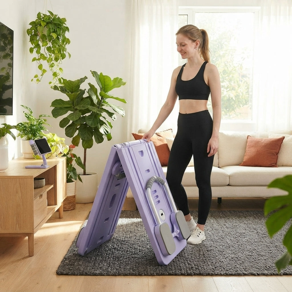 A woman standing next to a JANUA foldable Pilates reformer in a modern, sunlit living room with terracotta and charcoal decor